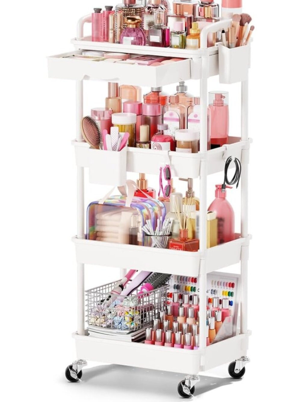 4-Tier Rolling Makeup Organizer Cart with Removable Drawer - White Beauty
